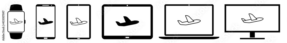 Display plane airplane aeroplane landing page fly flight Icon Devices Set | Web Screen Device Online | Laptop Vector Illustration | Mobile Phone | PC Computer Smartphone Tablet Sign Isolated