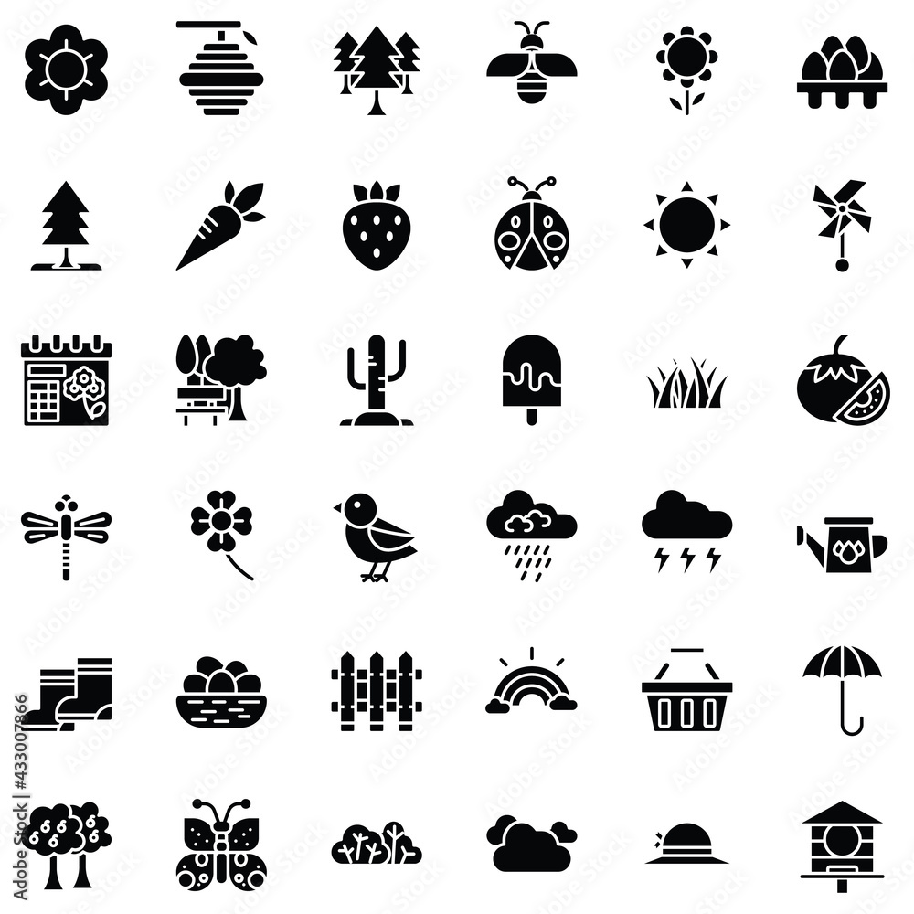 Spring Icon Set, Solid Style Spring Icon Set, Solid Style
