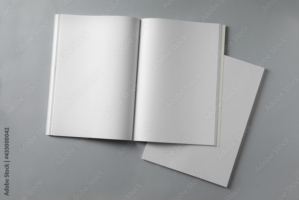 Paper sheets and open blank brochure on light grey background, flat lay Paper sheets and open blank brochure on light grey background, flat lay