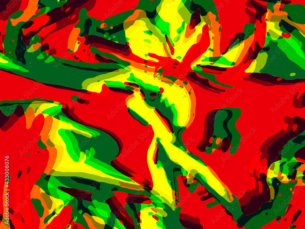 Abstract pointless composition, digital painting in yellow, green, red colors. Pixel graphics