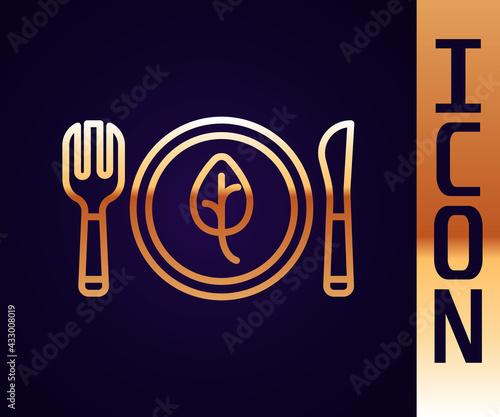 Gold line Vegan food diet icon isolated Gold line background. Organic, bio, eco symbol. Vegan, no meat, lactose free, healthy, fresh and nonviolent food. Vector