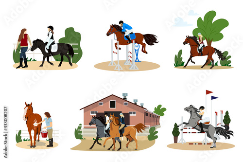 Gathering of people on horseback. A group of cute men, women and children practicing horse riding or equestrian sports, taking care of their pets. Flat cartoon colorful vector illustration.