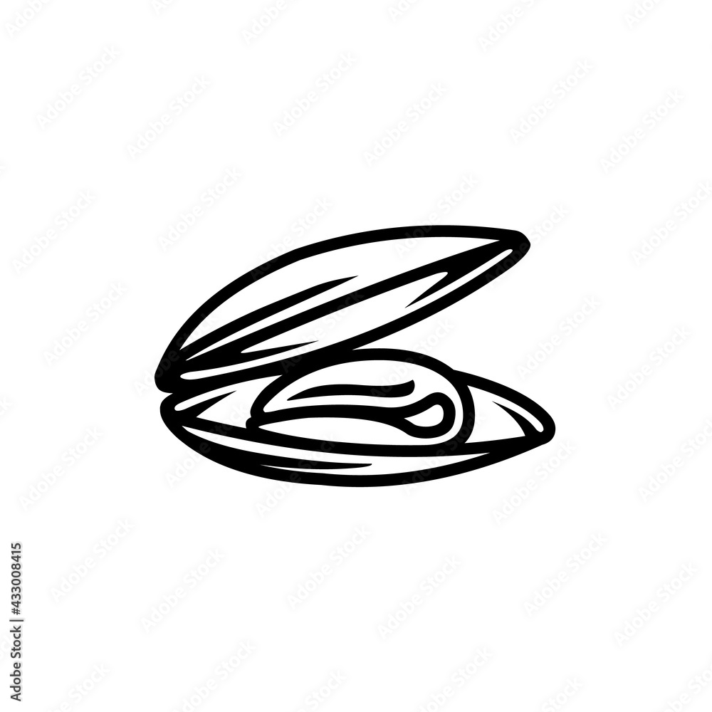 Mussel shell icon. Black line vector isolated icon on white background. Best for menus of restaurants, cafes, bars and food courts. Mussel shell icon. Black line vector isolated icon on white background. Best for menus of restaurants, cafes, bars and food courts.