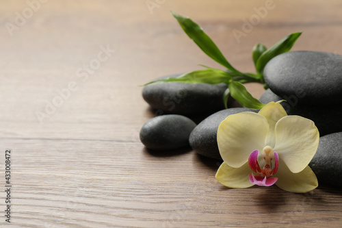 Spa stones, beautiful orchid flower and bamboo sprout on wooden table. Space for text