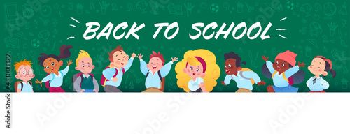Portrait of happy school kids characters at green blackboard with hand drawn study elements icons and back to school greeting. Vector flat cartoon illustration. For banners, ads, web, packaging.