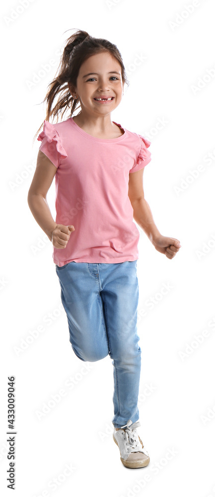 Cute little girl running on white background Cute little girl running on white background