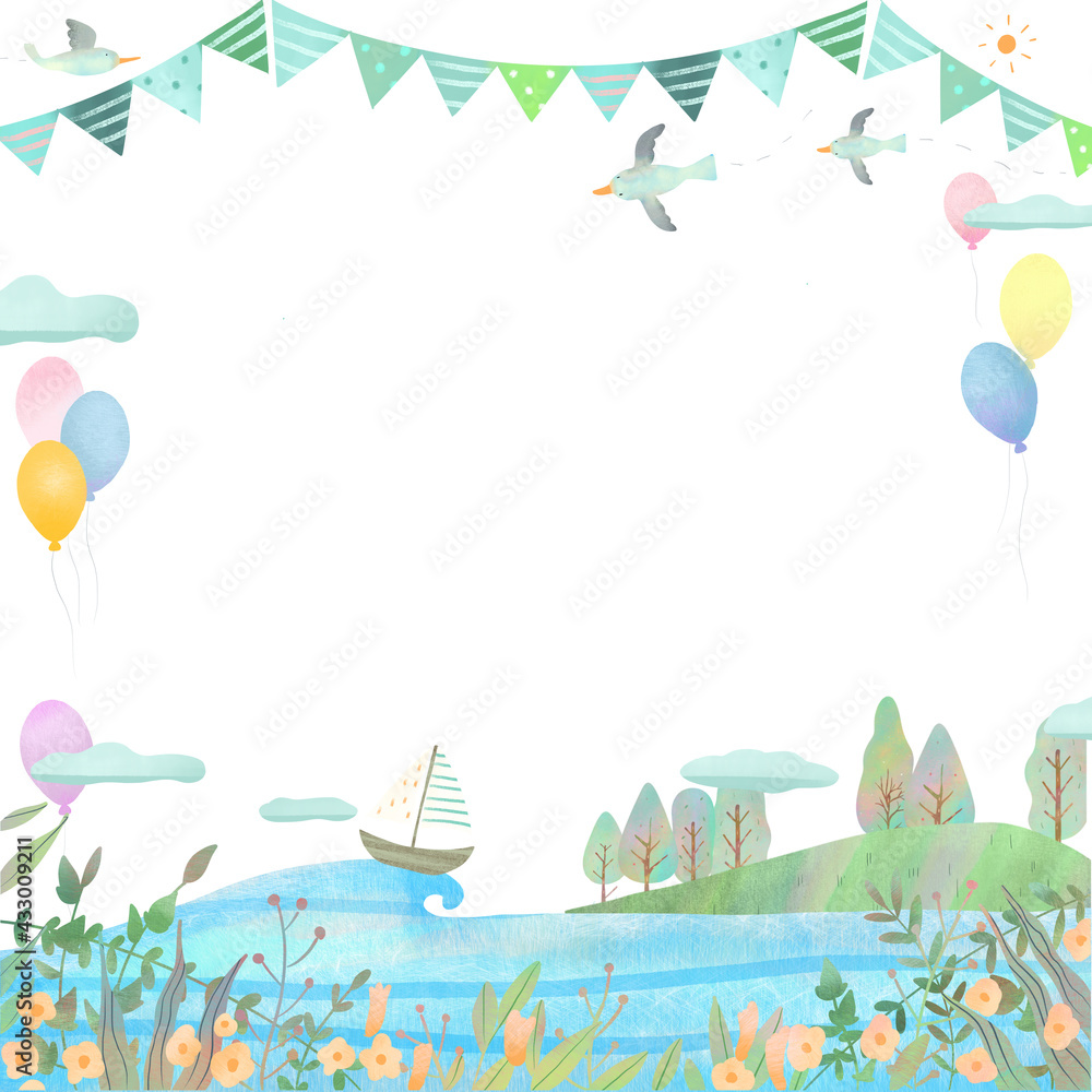 海とカモメの風景と風船が飛んでいる北欧風かわいいフレームイラスト素材 Stock イラスト Adobe Stock 海とカモメの風景と風船が飛んでいる北欧風かわいいフレームイラスト素材 Stock イラスト Adobe Stock