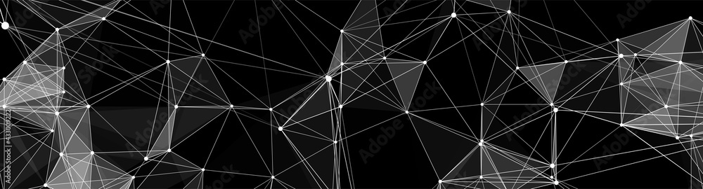Abstract digital background of points and lines. Glowing black plexus. Big data. Network or connection. Abstract technology science background. 3d vector illustration.