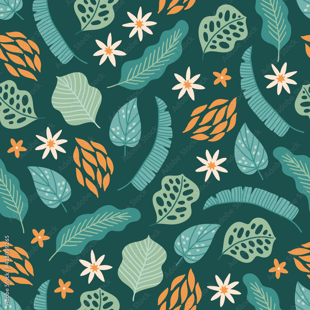 Seamless pattern with tropical flowers and palm leaves. Scandinavian style Seamless pattern with tropical flowers and palm leaves. Scandinavian style