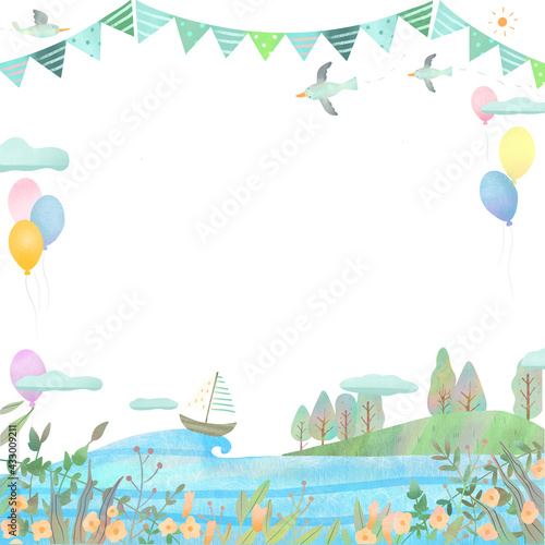 海とカモメの風景と風船が飛んでいる北欧風かわいいフレームイラスト素材 Stock イラスト Adobe Stock