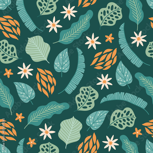Seamless pattern with tropical flowers and palm leaves. Scandinavian style