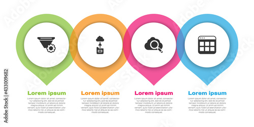 Set Filter setting, Cloud technology data transfer, Search cloud computing and Browser files. Business infographic template. Vector