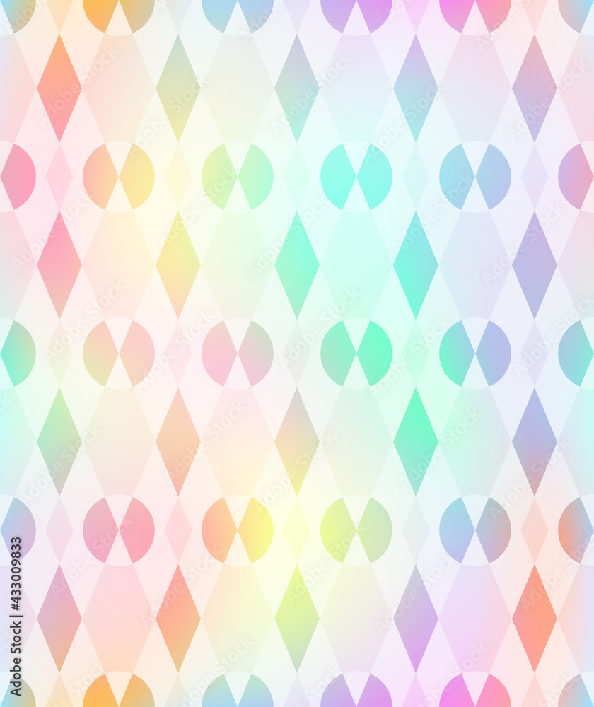 Vector Holographic or Iridescent Geometric Seamless Pattern in Pastel Colors. Pink, Blue, Mint and Purple.