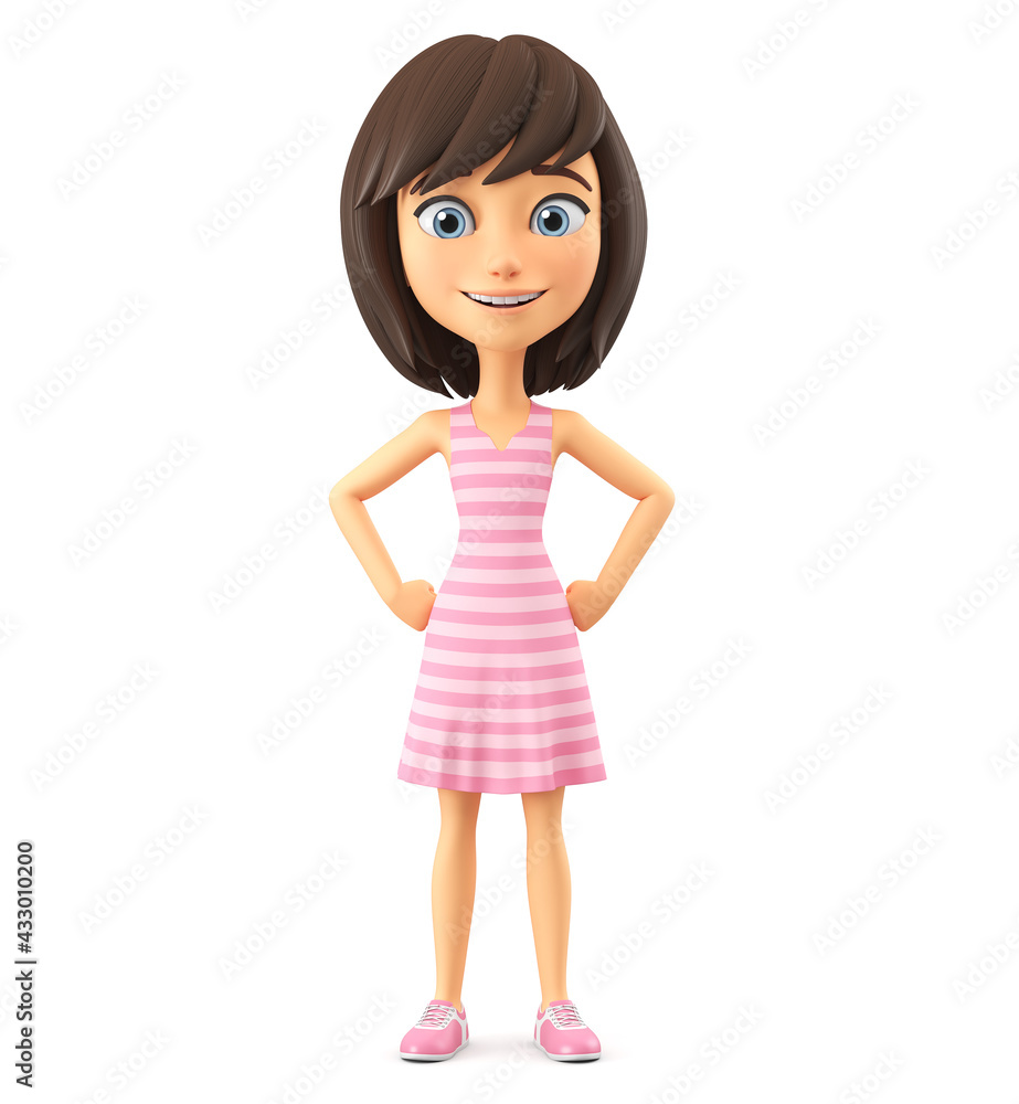 3d render illustration. Cheerful cartoon girl in a pink striped dress on a white background. 3d render illustration. Cheerful cartoon girl in a pink striped dress on a white background.