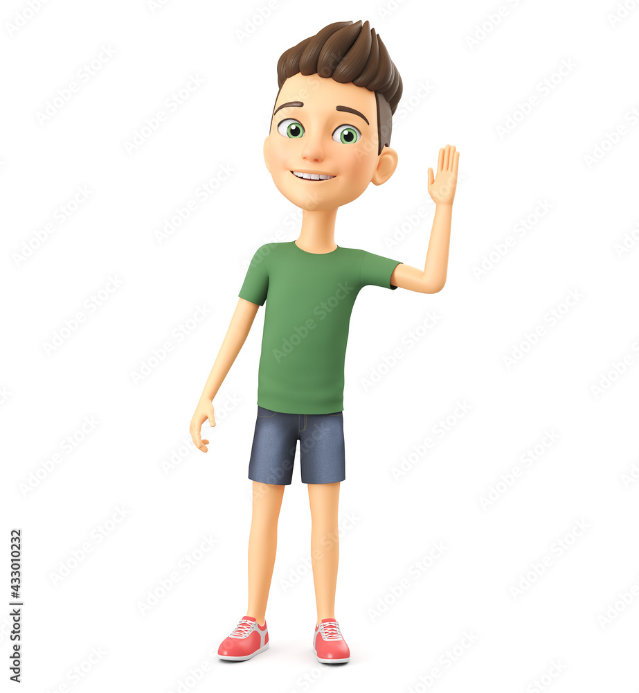 3d render illustration. Cheerful cartoon character in a green T-shirt listens on a white background.