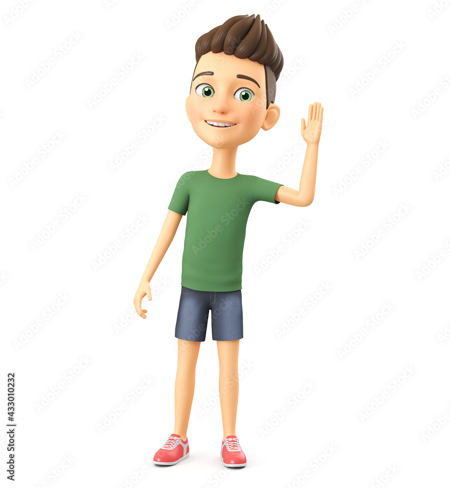 3d render illustration. Cheerful cartoon character in a green T-shirt listens on a white background. 3d render illustration. Cheerful cartoon character in a green T-shirt listens on a white background.