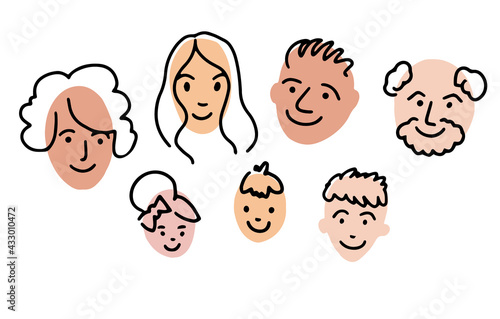 Family portrait. Doodle avatar set. Woman, man, boy, girl, teenager face portrait, grandmother grandfather old, young man, hairstyle, african, asian, caucasian, american. Vector illustration.