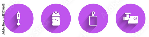 Set Blender, Salt, Cutting board and Kitchen meat grinder icon with long shadow. Vector