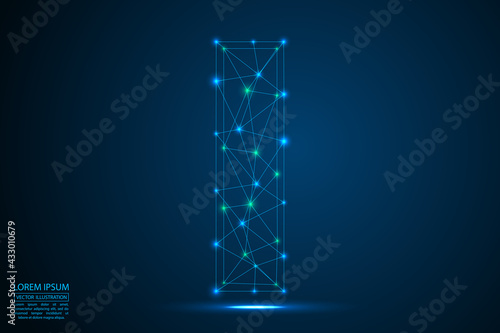 Abstract letters font is made up of triangles, lines, dots and connections. On a dark blue background, stars of the cosmic universe, meteorites, galaxies. Vector illustration eps 10.