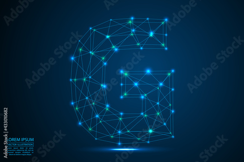 Abstract letters font is made up of triangles, lines, dots and connections. On a dark blue background, stars of the cosmic universe, meteorites, galaxies. Vector illustration eps 10.