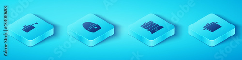 Set Isometric Frying pan, Kitchen timer, Cooking pot and Slow cooker icon. Vector