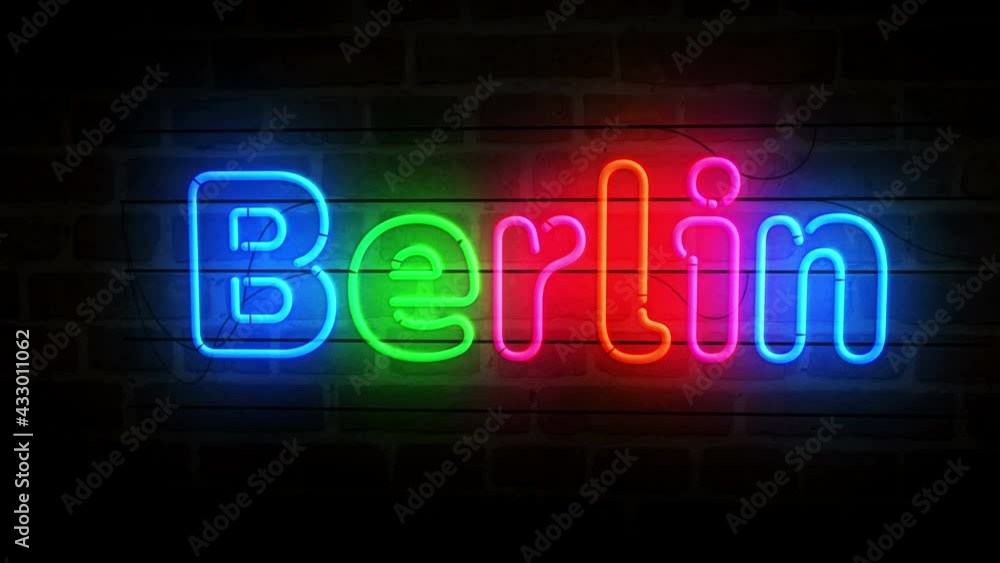 Berlin neon symbol on brick wall. Light color bulbs with romantic city sign. Loopable and seamless abstract concept animation. Berlin neon symbol on brick wall. Light color bulbs with romantic city sign. Loopable and seamless abstract concept animation.
