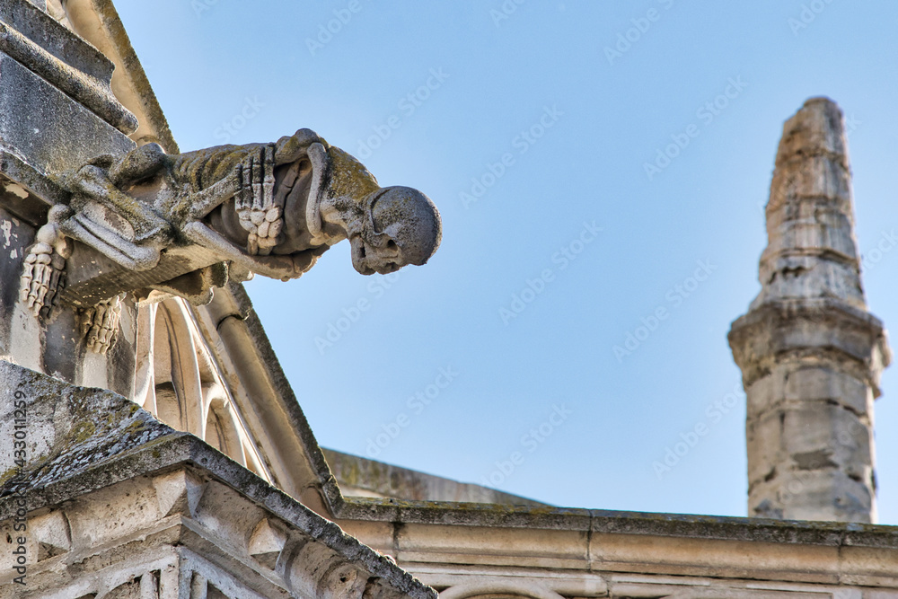 Detalle gárgola representando esqueleto, calavera y muerte en la catedral gótica de Palencia, España