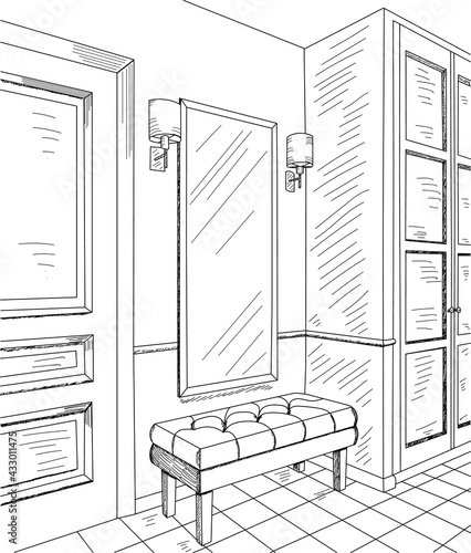 vector, isolated sketch, hand-drawn interior corridor, hallway
