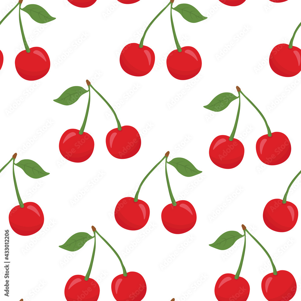 Seamless vector pattern with bright cherry on a white background. Suitable for the design of textile fabric, wrapping paper, and wallpaper for websites. Vector illustration. Seamless vector pattern with bright cherry on a white background. Suitable for the design of textile fabric, wrapping paper, and wallpaper for websites. Vector illustration.