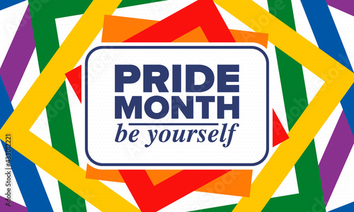 LGBTQIA Pride Month in June. Lesbian Gay Bisexual Transgender. Celebrated annual. LGBT flag. Rainbow love concept. Human rights and tolerance. Poster, card, banner and background. Vector illustration
