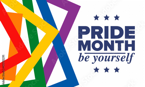 LGBTQIA Pride Month in June. Lesbian Gay Bisexual Transgender. Celebrated annual. LGBT flag. Rainbow love concept. Human rights and tolerance. Poster, card, banner and background. Vector illustration