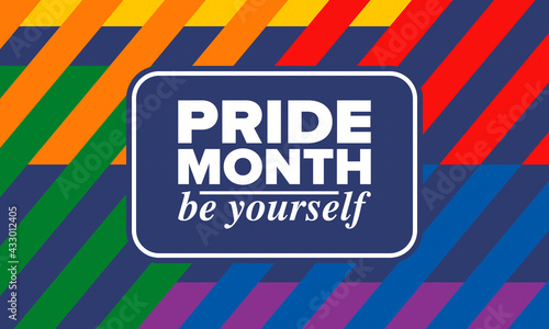 LGBTQIA Pride Month in June. Lesbian Gay Bisexual Transgender. Celebrated annual. LGBT flag. Rainbow love concept. Human rights and tolerance. Poster, card, banner and background. Vector illustration