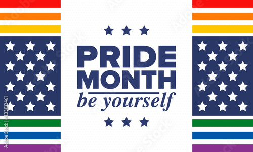 LGBTQIA Pride Month in June. Lesbian Gay Bisexual Transgender. Celebrated annual. LGBT flag. Rainbow love concept. Human rights and tolerance. Poster, card, banner and background. Vector illustration