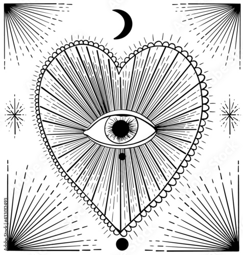 Mystical heart with eye. Moon. 
Secret societies and esoteric. Spiritual meaning. Alchemy. Old vintage style. Hand drawing. vector