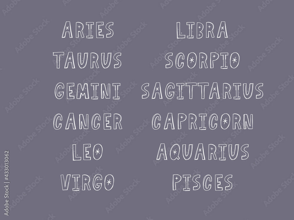 Zodiac lettering Vector Sign. Cartoon astrology text illustration. Horoscope handwritten icon set. Zodiac lettering Vector Sign. Cartoon astrology text illustration. Horoscope handwritten icon set.