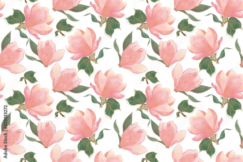 Compositions of leaves and flowers of magnolia, pink, seamless pattern on a white background