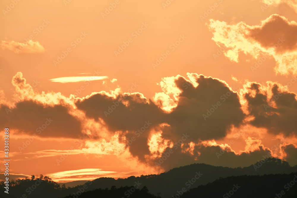 Rain cloud with evening sunset light.