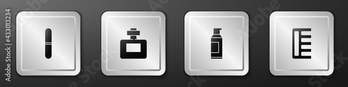 Set Nail file, Perfume, Spray can for hairspray and Hairbrush icon. Silver square button. Vector