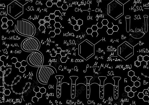 Scientific chemistry vector seamless pattern with handwritten chemical equations, formulas and lab equipment