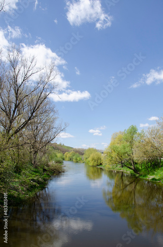 Beautiful sunny landscape with the river. Ukraine.