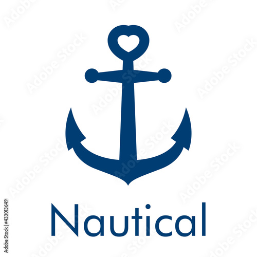 Logotipo con texto Nautical y ancla de barco con forma de corazón en color azul