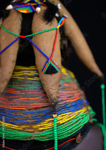 Rear view of a Mumuhuila tribe woman, Huila Province, Chibia, Angola photo