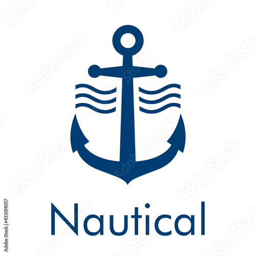 Logotipo con texto Nautical y ancla de barco con olas en color azul
