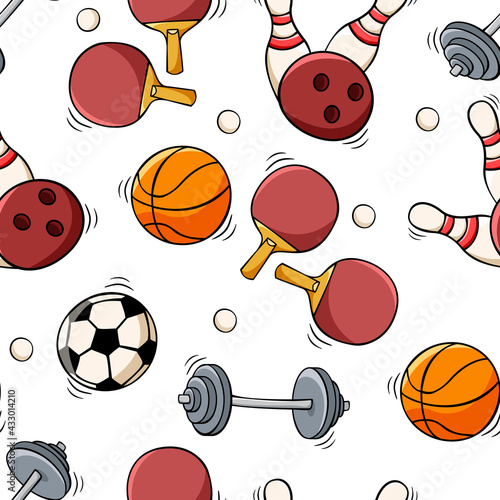 Hand drawn seamless pattern with ping pong rackets and ball  dumbbell  bowling ball and pins  soccer ball  basketball ball in doodle sketch style. Sport equipment pattern for wallpaper  background