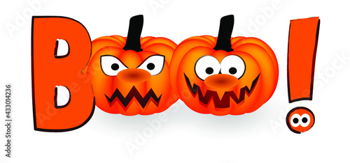 Slogan boo with eyeballs and no smiling face. Pumpkin, happy halloween party on 31 october fest. Ghosts pictogram. Flat vector ghost sign. Cartoon spook pattern. Zombie, monster, spooky symbol.