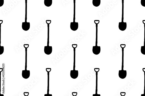 Seamless pattern with garden shovels, spades, scoops. Vector backgrounds and textures with tools for working on the farm, in dacha, country site in flat doodle style. Hand drawn isolated illustration