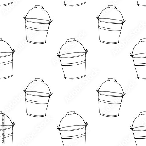 Vector seamless pattern of aluminum metal buckets with handle. Background and texture of contour elements in the doodle style