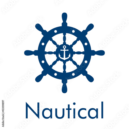 Logotipo con texto Nautical y ancla en timón en color azul