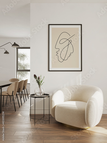 3d rendering of a minimal relaxed space with earthy tones and a beige sheepskin club armchair 