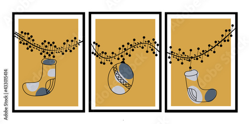 Set three pieces of Mid century modern Christmas wall art. Marry Christmas wall decor. Minimalist christian wall Decorations vector set.